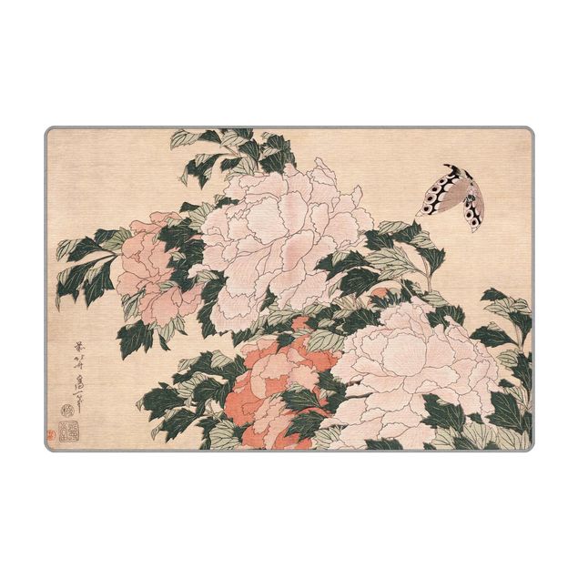 Rug - Katsushika Hokusai - Pink Peonies With Butterfly