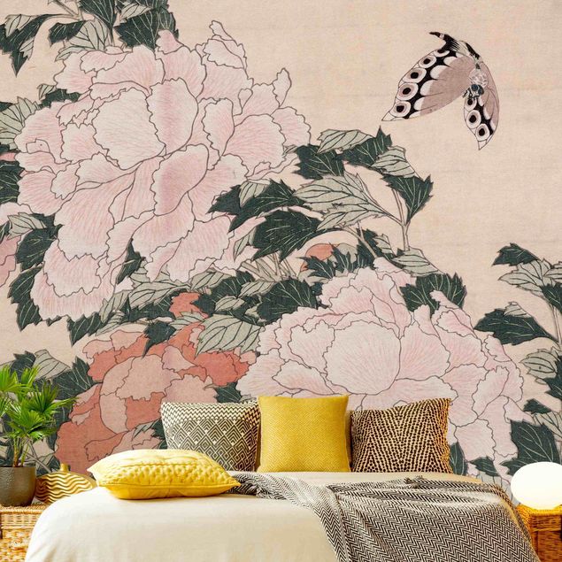 Walpaper - Katsushika Hokusai - Pink Peonies With Butterfly