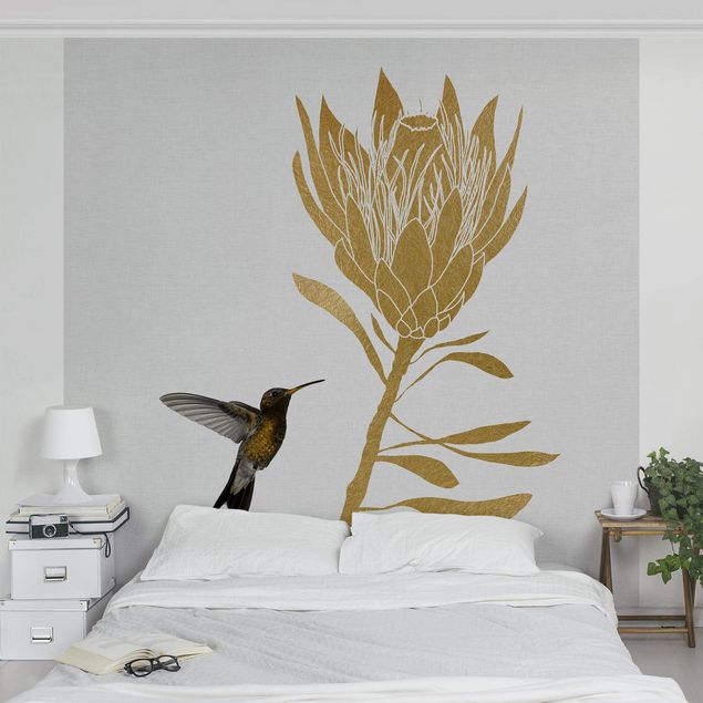 Walpaper - Hummingbird And Tropical Golden Blossom