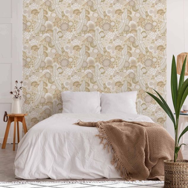 Wallpapers Cranes And Chrysanthemums Beige