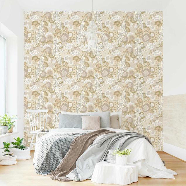Wallpaper - Cranes And Chrysanthemums Beige