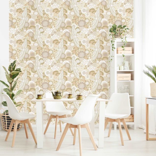 Wallpaper - Cranes And Chrysanthemums Beige