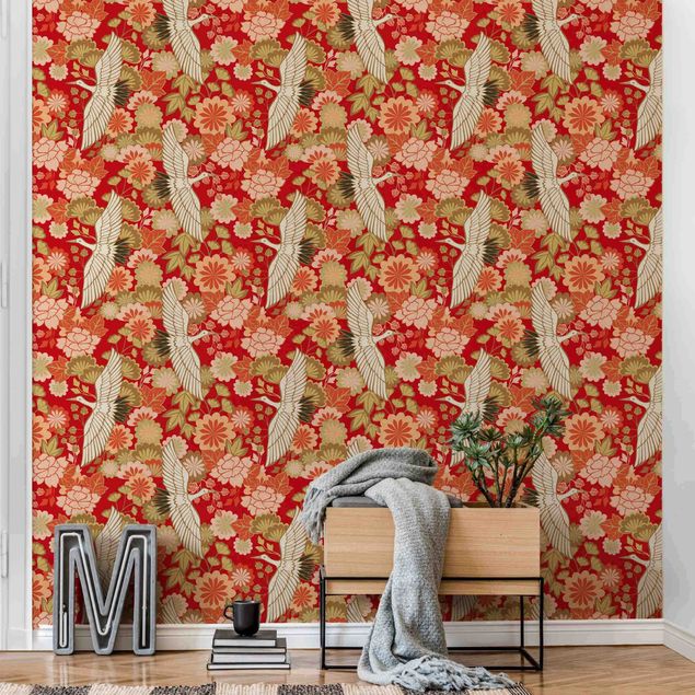 Wallpapers Cranes And Chrysanthemums Red