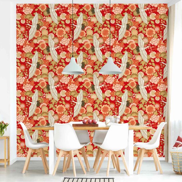 Wallpaper - Cranes And Chrysanthemums Red