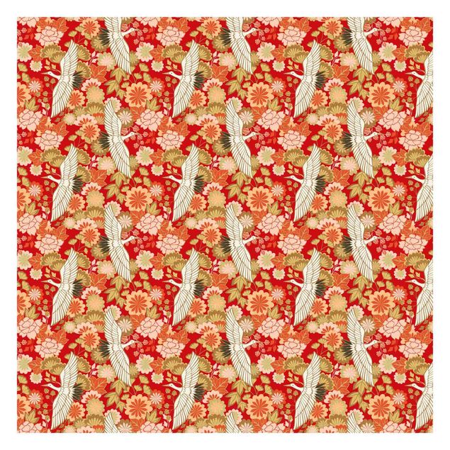 Wallpaper - Cranes And Chrysanthemums Red