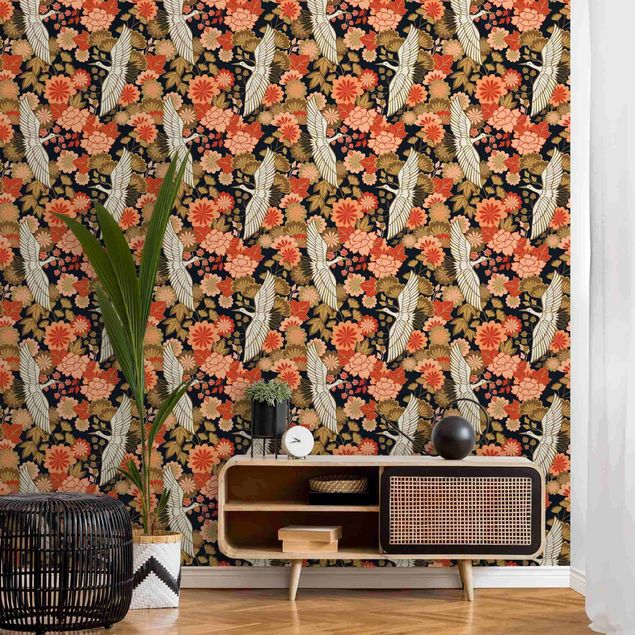 Wallpaper - Cranes And Chrysanthemums Black