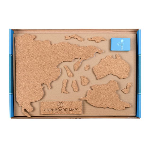 World map cork pinboard with 16 pushpins 100 x 45 cm