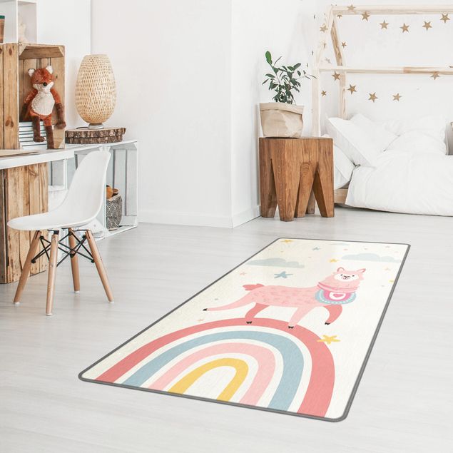 large floor mat Lama On Rainbow With Stars And Dots