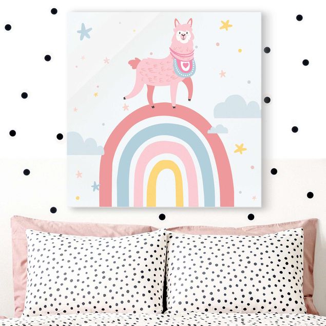 Glas Magnetboard Lama On Rainbow With Stars And Dots