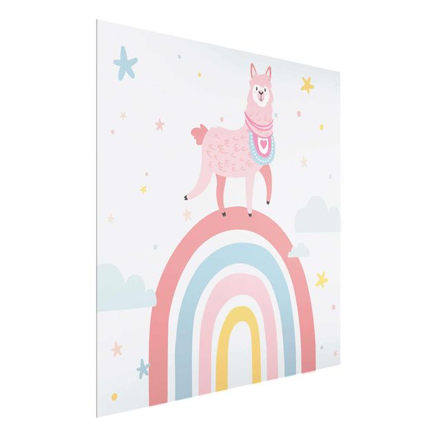 Glass print - Lama On Rainbow With Stars And Dots