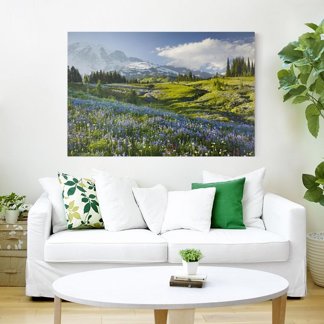 Print on canvas - Mountain Meadow With Blue Flowers in Front of Mt. Rainier