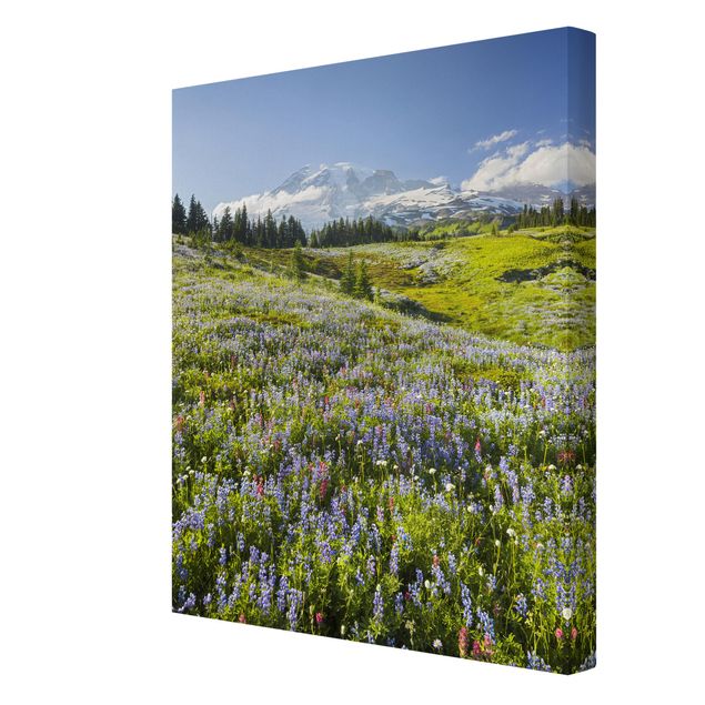 Print on canvas - Mountain Meadow With Red Flowers in Front of Mt. Rainier