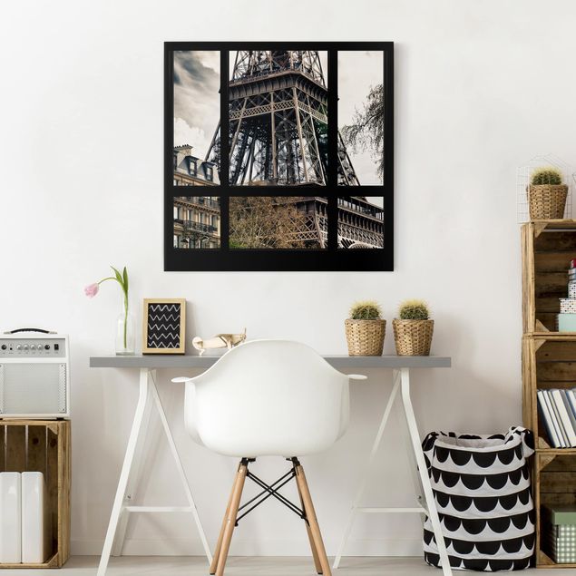 Print on canvas - Window view Paris - Near the Eiffel Tower black and white