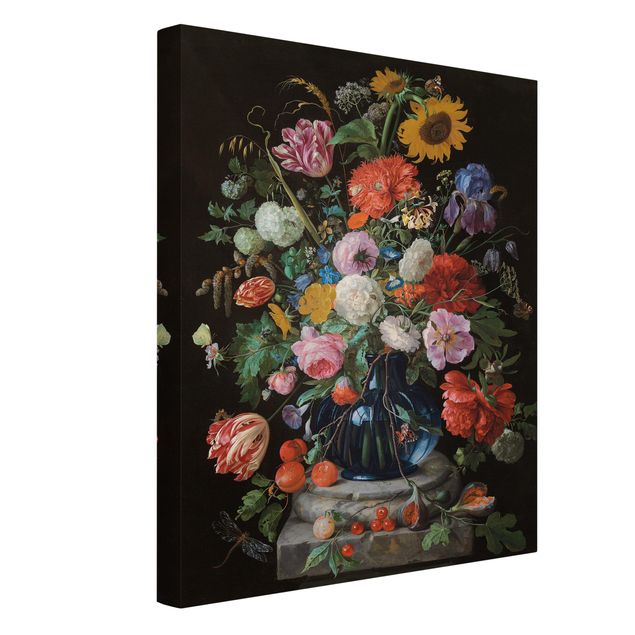 Print on canvas - Jan Davidsz de Heem - Tulips, a Sunflower, an Iris and other Flowers in a Glass Vase on the Marble Base of a Column