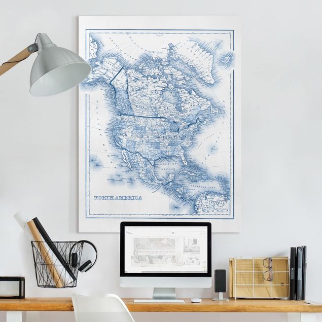 Print on canvas - Map In Blue Tones - North America