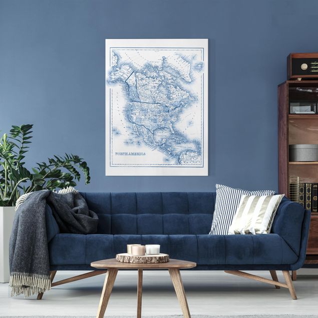 Print on canvas - Map In Blue Tones - North America