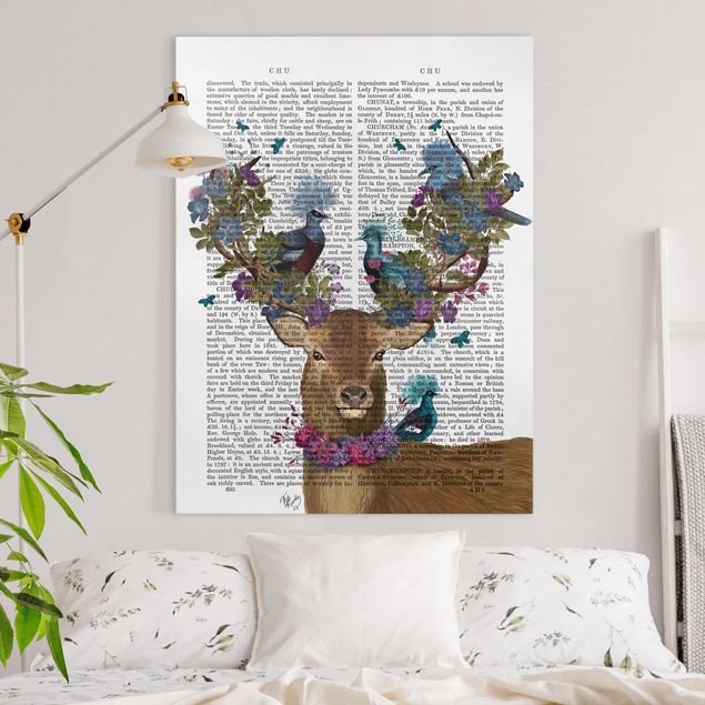 Print on canvas - Fowler - Deer With Pigeons