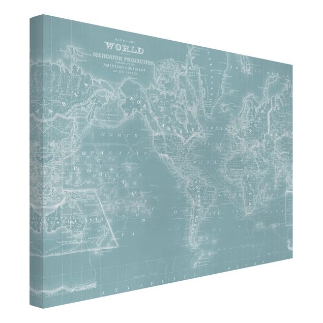 Print on canvas - World Map In Ice Blue
