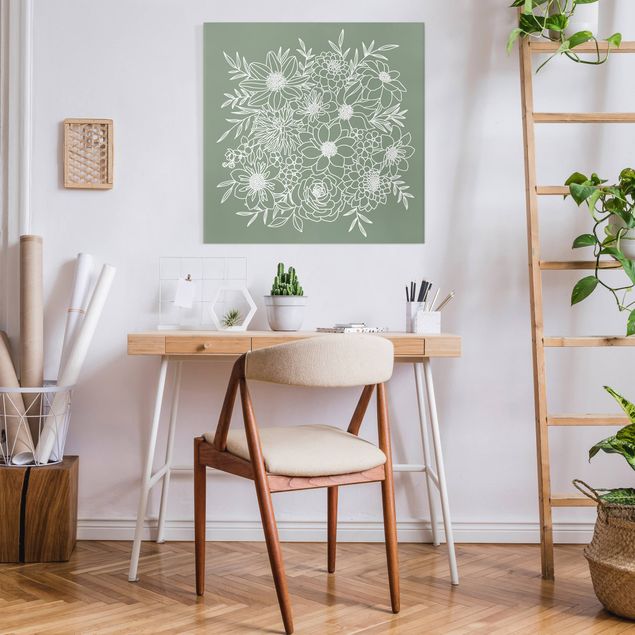 Print on canvas - Lineart Flowers In Green
