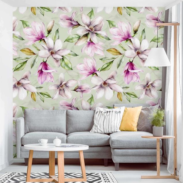 Wallpaper - Magnolia Illustration On Mint Green