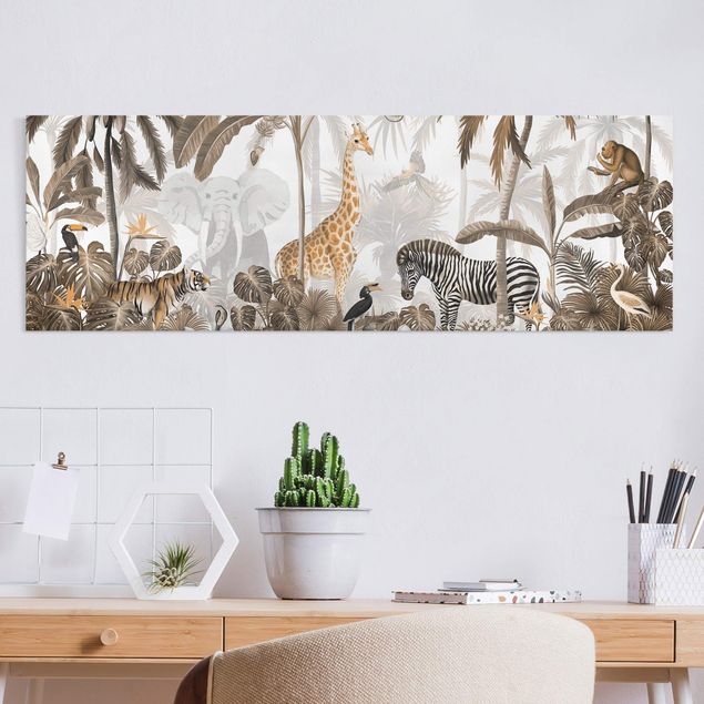 Print on canvas - Majestic animal world in the jungle sepia - Panorama 3:1