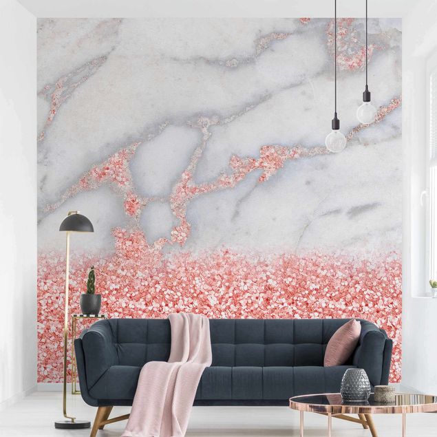 Wallpaper - Marble Look With Pink Confetti