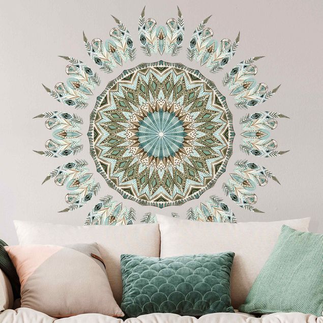 Flower wall decals Mandala watercolor feathers blue green