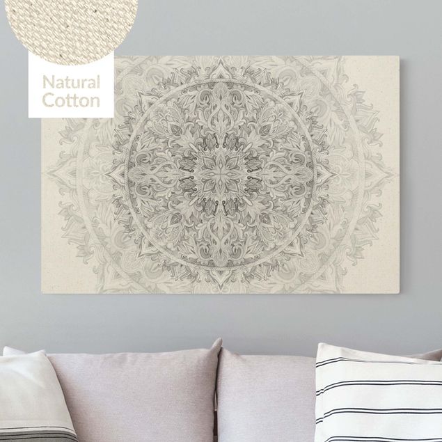 Natural canvas print - Mandala Watercolour Ornament Pattern Black White - Landscape format 3:2