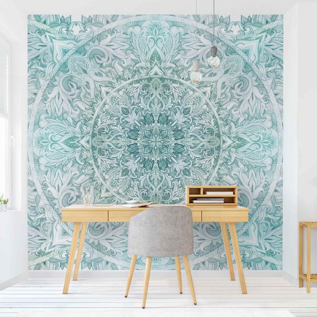 Wallpaper - Mandala Watercolour Ornament Pattern Turquoise