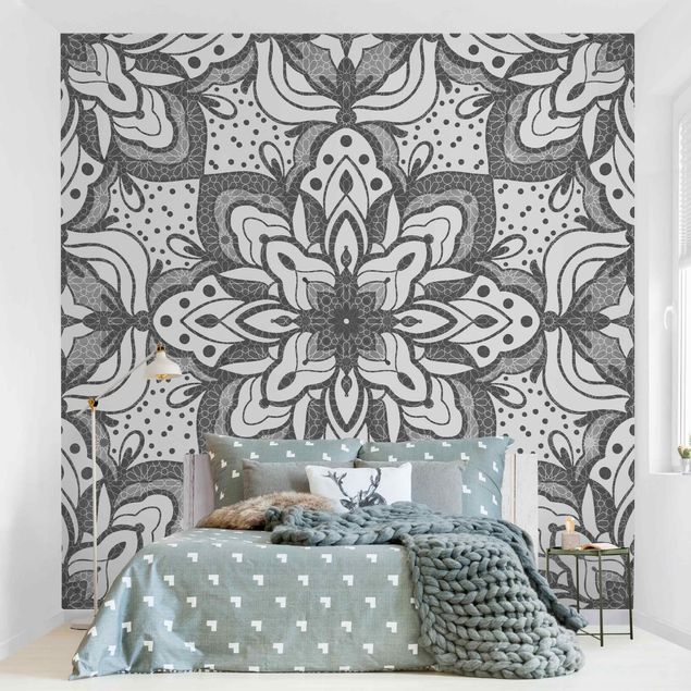 Walpaper - Mandala With Grid And Dots In Gray