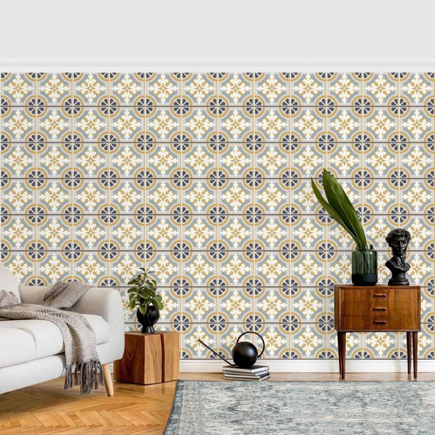 Wallpaper - Morrocan Tiles In Blue And Ochre