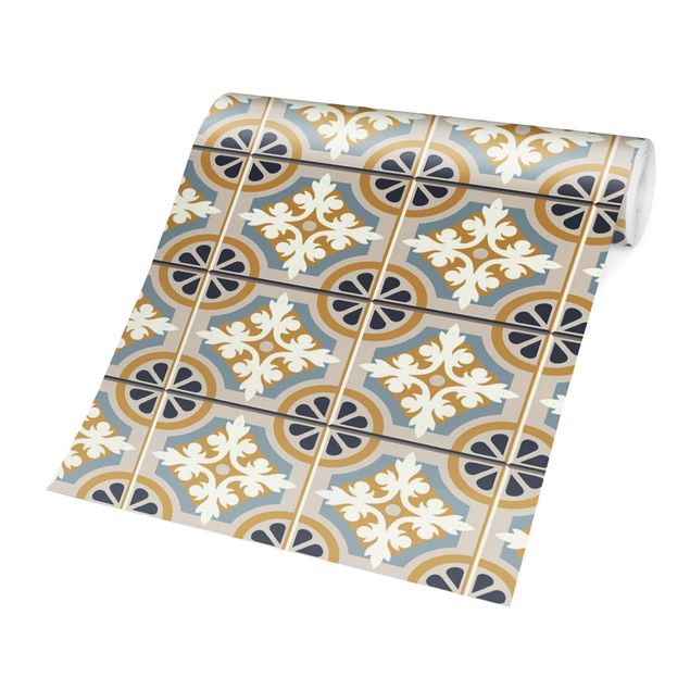 Wallpaper - Morrocan Tiles In Blue And Ochre