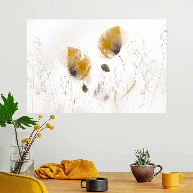 Glas Magnetboard Poppy Flowers And Delicate Grasses In Soft Fog