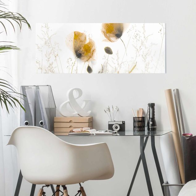 Glass print - Poppy Flowers And Delicate Grasses In Soft Fog