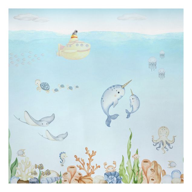 Print on canvas - Narwhal family with friends - Square 1:1