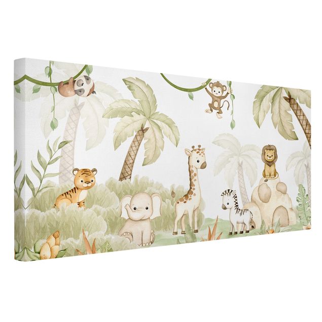 Print on canvas - Cute savannah animals at the edge of the jungle - Landscape format 2:1