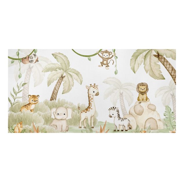 Print on canvas - Cute savannah animals at the edge of the jungle - Landscape format 2:1