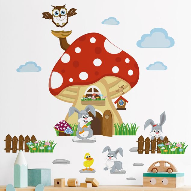 Autocolantes de parede animais da floresta No.yk32 Hasenfamilie lives in the flying mushroom