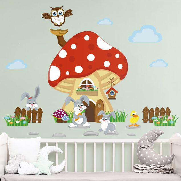 Wall stickers animals No.yk32 Hasenfamilie lives in the flying mushroom