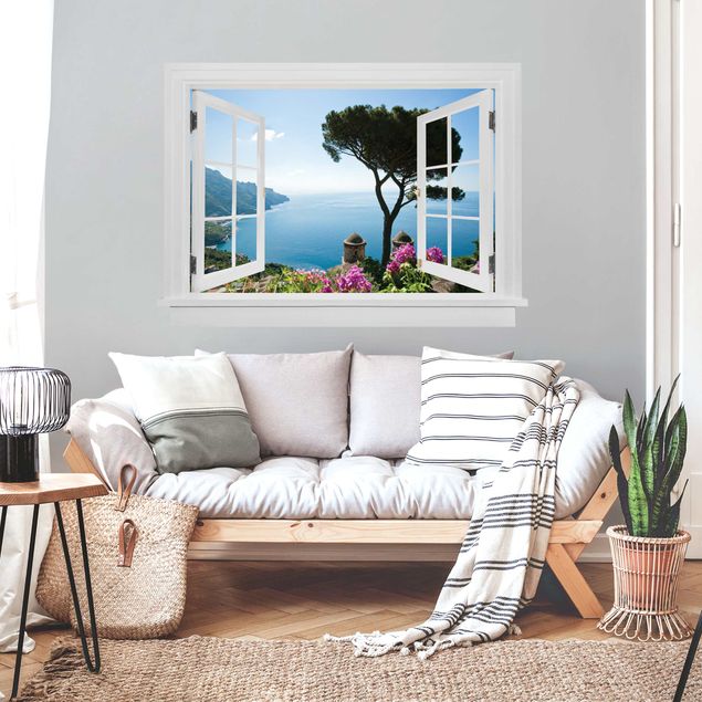 Wall decal Open window view from the garden to the sea