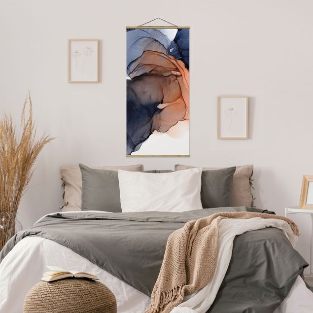 Fabric print with poster hangers - Drops Of Ocean Blue And Orange With Gold - Portrait format 1:2