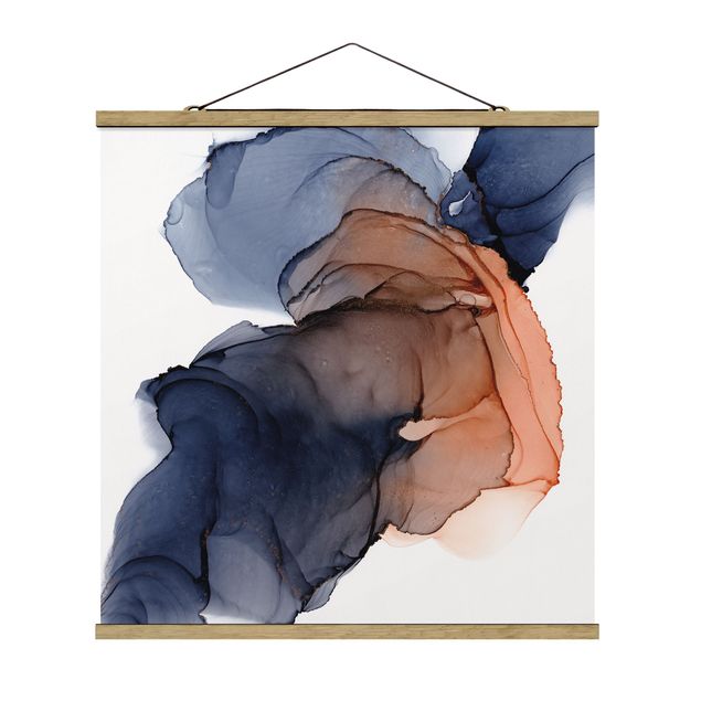 Fabric print with poster hangers - Drops Of Ocean Blue And Orange With Gold - Square 1:1