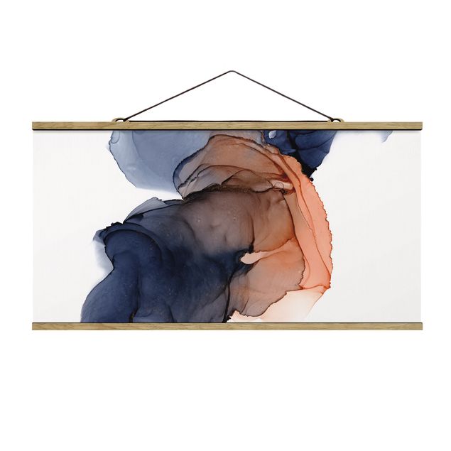Fabric print with poster hangers - Drops Of Ocean Blue And Orange With Gold - Landscape format 2:1