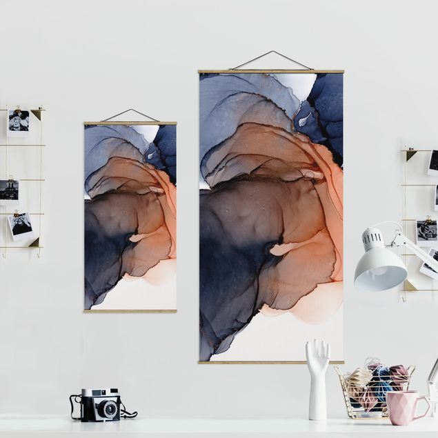 Fabric print with poster hangers - Drops Of Ocean Blue And Orange With Gold - Portrait format 1:2