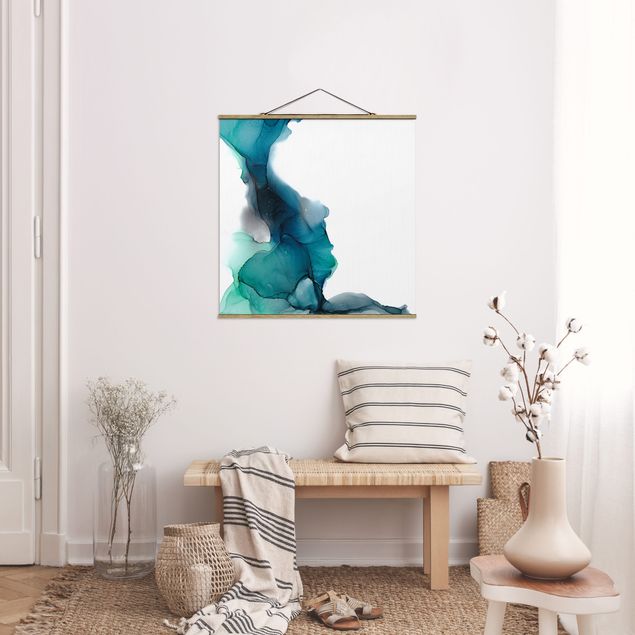 Fabric print with poster hangers - Drops Of Ocean Tourquoise With Gold - Square 1:1
