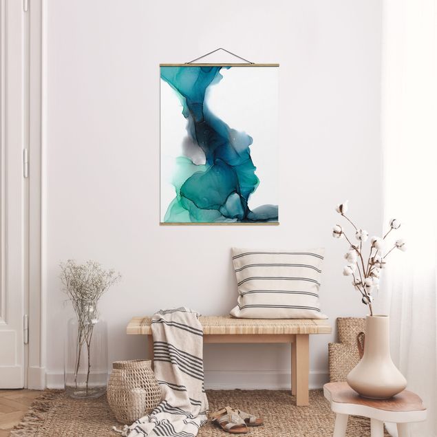 Fabric print with poster hangers - Drops Of Ocean Tourquoise With Gold - Portrait format 3:4