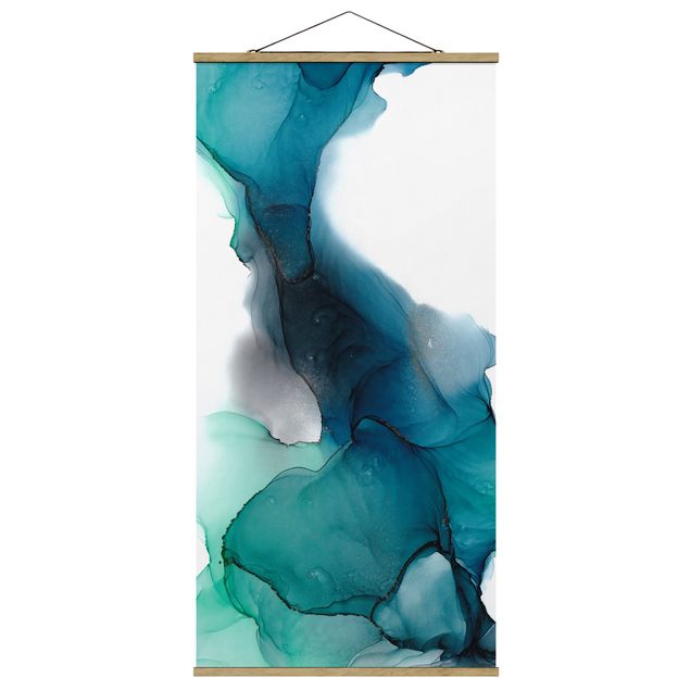 Fabric print with poster hangers - Drops Of Ocean Tourquoise With Gold - Portrait format 1:2