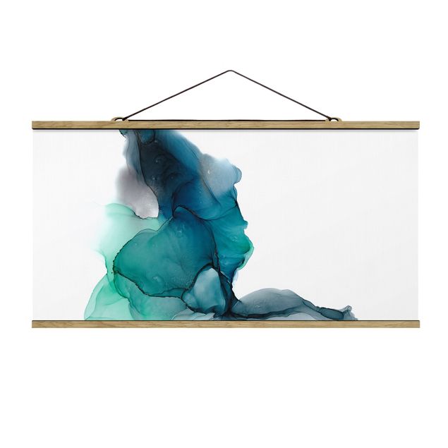 Fabric print with poster hangers - Drops Of Ocean Tourquoise With Gold - Landscape format 2:1