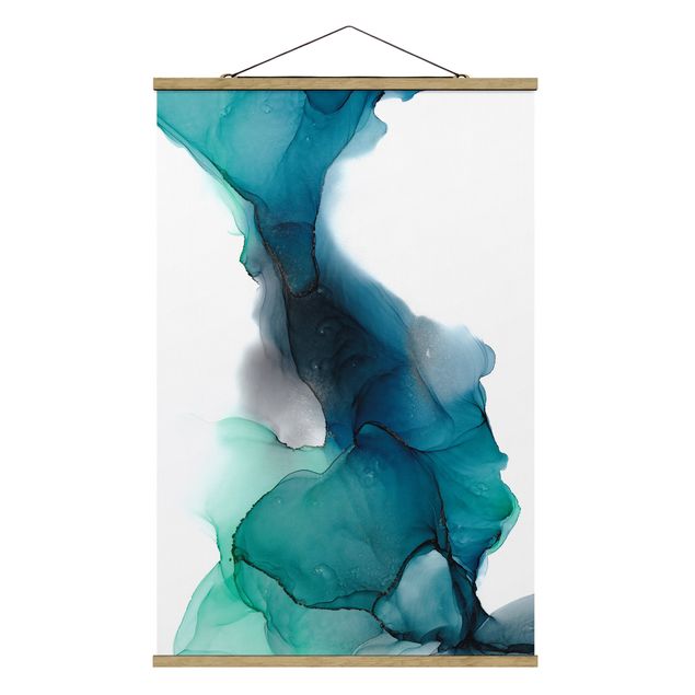 Fabric print with poster hangers - Drops Of Ocean Tourquoise With Gold - Portrait format 2:3