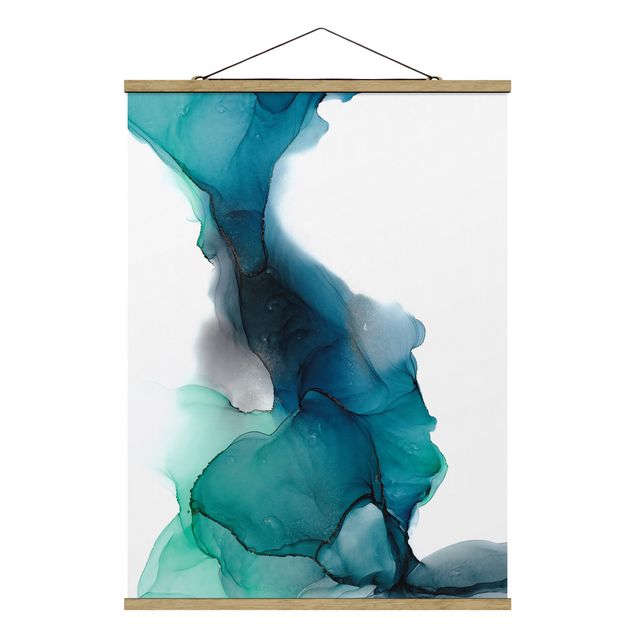 Fabric print with poster hangers - Drops Of Ocean Tourquoise With Gold - Portrait format 3:4